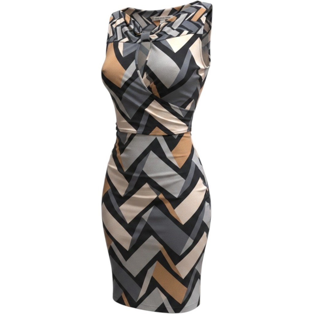 Diane von Furstenberg Silk Jersey Geometric Wrap Dress Grey Tan 10 Sleeveless‎
